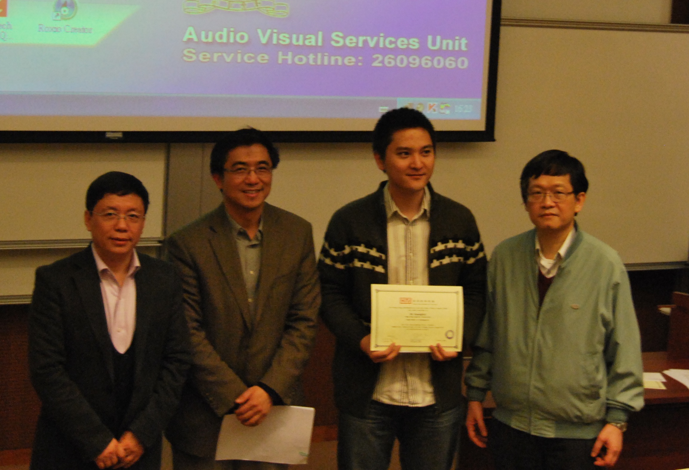 hkms010 Huihui ZENG (CUHK; Best Thesis Winner), Prof. Tao Tang (HU’s supervisor), Guanghui HU (BU; Applied Math Best Thesis Winner), Prof. Zhouping XIN (ZENG's supervisor) (from left to right)